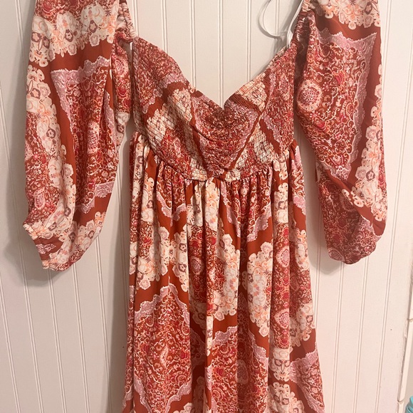 Lulus Carefree Babe Rusty RoseBoho Print Off Shoulder Mini Dress - Picture 7 of 8